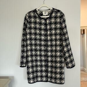 Old Navy Houndstooth Coat Womens Large Tweed Wool Blend Long Blue White